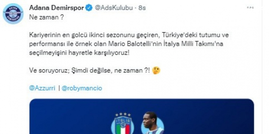 Adana Demirspor’dan Balotelli’nin milli takıma çağrılmamasına sitem